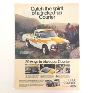 Ford Courier Custom Pickup Truck Print Ad Yellow Orange Stripes 1977 Vintage Art